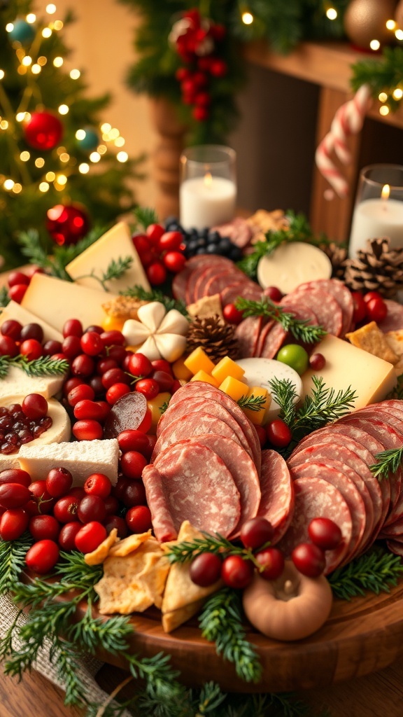 A festive Christmas charcuterie board with meats, cheeses, fruits, and seasonal decorations.
